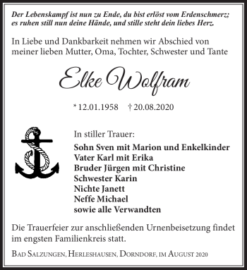 Traueranzeige von Elke Wolfram von Südthüringer Presse