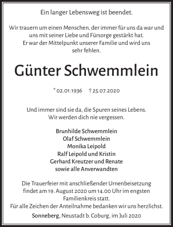 Traueranzeige von Günter Schwemmlein von Südthüringer Presse