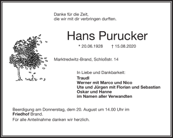Traueranzeige von Hans Purucker von Frankenpost