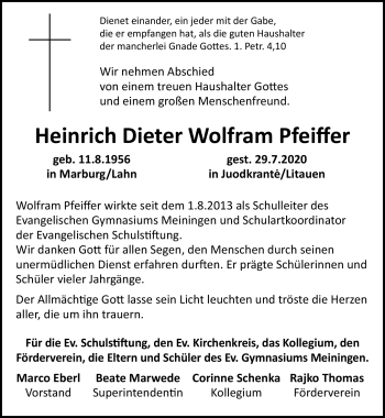 Traueranzeige von Heinrich Dieter Wolfram Pfeiffer von Südthüringer Presse