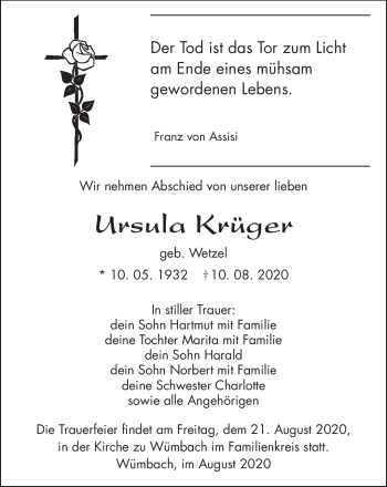 Traueranzeige von Ursula Krüger von Südthüringer Presse