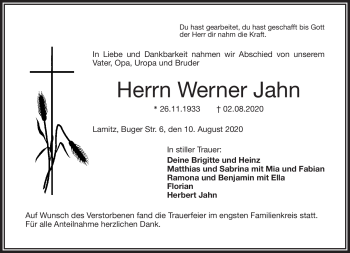 Traueranzeige von Werner Jahn von Frankenpost
