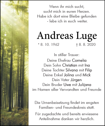 Traueranzeige von Andreas Luge von Südthüringer Presse