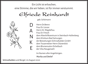 Traueranzeige von Elfriede Reinhardt von Südthüringer Presse