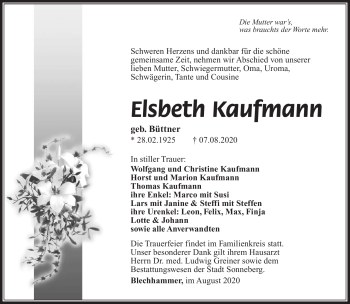 Traueranzeige von Elsbeth Kaufmann von Südthüringer Presse