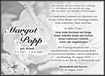 Traueranzeige von Margot Popp von Südthüringer Presse