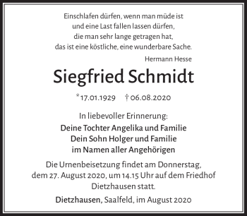 Traueranzeige von Siegfried Schmidt von Südthüringer Presse