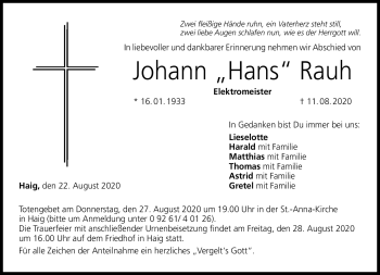 Traueranzeige von Johann Rauh von Neue Presse Coburg