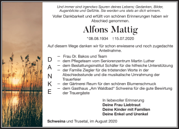 Traueranzeige von Alfons Mattig von Südthüringer Presse