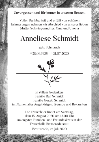 Traueranzeige von Anneliese Schmidt von Südthüringer Presse
