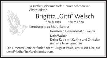 Traueranzeige von Brigitta Welsch von Frankenpost