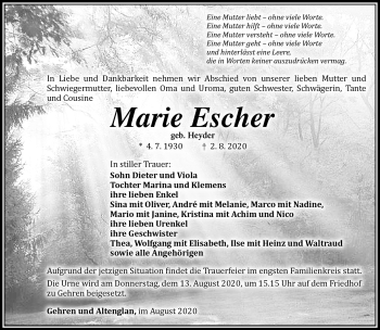 Traueranzeige von Marie Escher von Südthüringer Presse