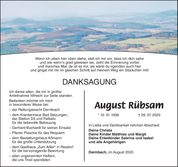 Traueranzeige von August Rübsam von Südthüringer Presse