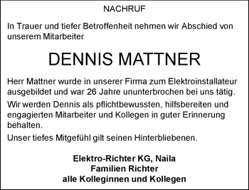 Traueranzeige von Dennis Mattner von Frankenpost