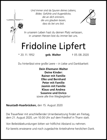 Traueranzeige von Fridoline Lipfert von Neue Presse Coburg