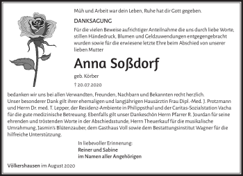 Traueranzeige von Anna Soßdorf von Südthüringer Presse