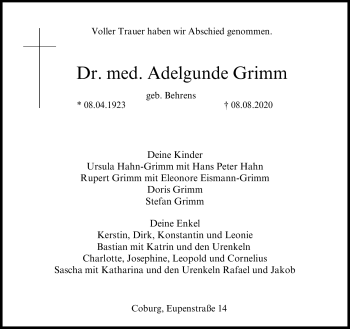 Traueranzeige von Adelgunde Grimm von Neue Presse Coburg