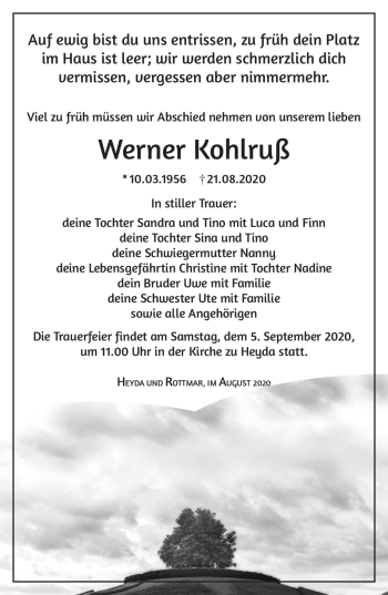 Traueranzeige von Werner Kohlruß von Südthüringer Presse