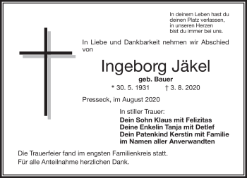 Traueranzeige von Ingeborg Jäkel von Frankenpost