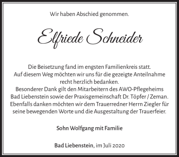 Traueranzeige von Elfriede Schneider von Südthüringer Presse