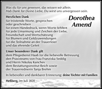 Traueranzeige von Dorothea Amend von Südthüringer Presse