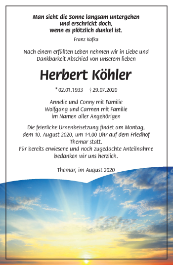 Traueranzeige von Herbert Köhler von Südthüringer Presse