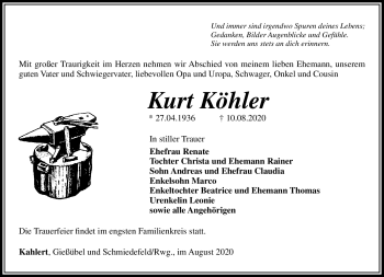 Traueranzeige von Kurt Köhler von Südthüringer Presse