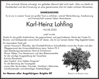 Traueranzeige von Karl-Heinz Lohfing von Südthüringer Presse