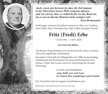 Traueranzeige von Fritz Erbe von Südthüringer Presse