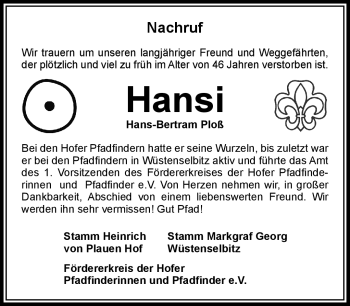 Traueranzeige von Hansi (Hans-Bertram) Ploß von Frankenpost