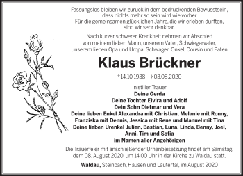 Traueranzeige von Klaus Brückner von Südthüringer Presse