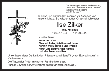 Traueranzeige von Ilse Zilker von Frankenpost