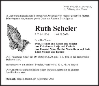 Traueranzeige von Ruth Scheler von Südthüringer Presse