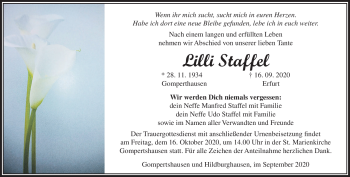 Traueranzeige von Lilli Staffel von Südthüringer Presse