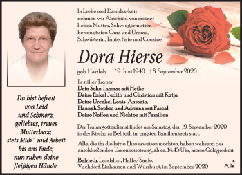Traueranzeige von Dora Hierse von Südthüringer Presse