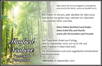 Traueranzeige von Manfred Neubert von Südthüringer Presse