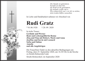 Traueranzeige von Rudi Gratz von Südthüringer Presse
