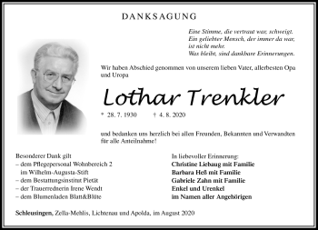 Traueranzeige von Lothar Trenkler von Südthüringer Presse