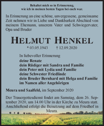 Traueranzeige von Helmut Henkel von Südthüringer Presse