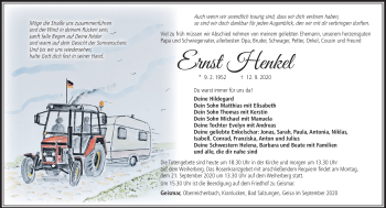 Traueranzeige von Ernst Henkel von Südthüringer Presse