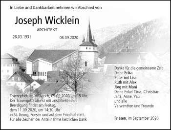 Traueranzeige von Joseph Wicklein von Neue Presse Coburg