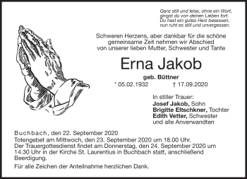 Traueranzeige von Erna Jakob von Neue Presse Coburg
