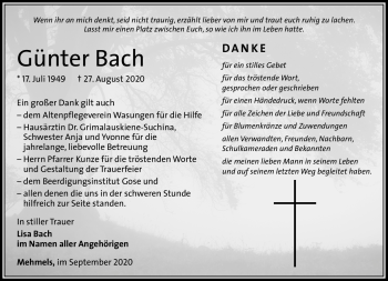 Traueranzeige von Günter Bach von Südthüringer Presse