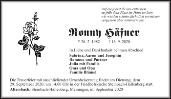 Traueranzeige von Ronny Häfner von Südthüringer Presse