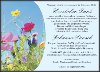 Traueranzeige von Johanna Pausch von Südthüringer Presse