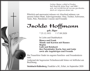 Traueranzeige von Isolde Hoffmann von Südthüringer Presse