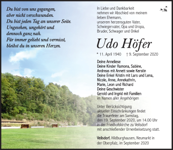 Traueranzeige von Udo Höfer von Südthüringer Presse
