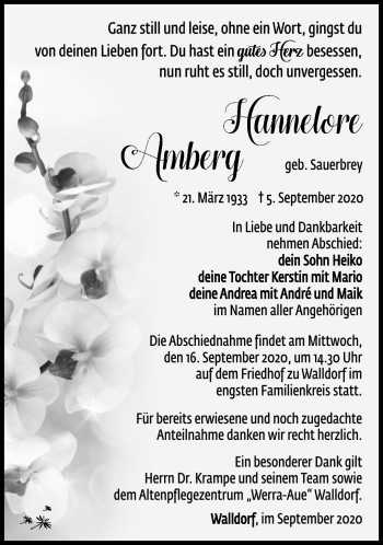 Traueranzeige von Hannelore Amberg von Südthüringer Presse