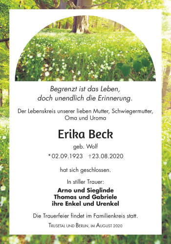 Traueranzeige von Erika Beck von Südthüringer Presse