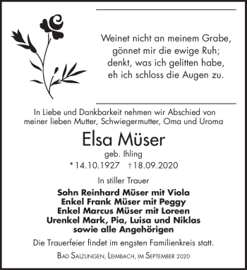 Traueranzeige von Elsa Müser von Südthüringer Presse